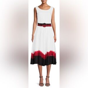 Samantha Sung White and Red Linen DipDye Dress, Size 10